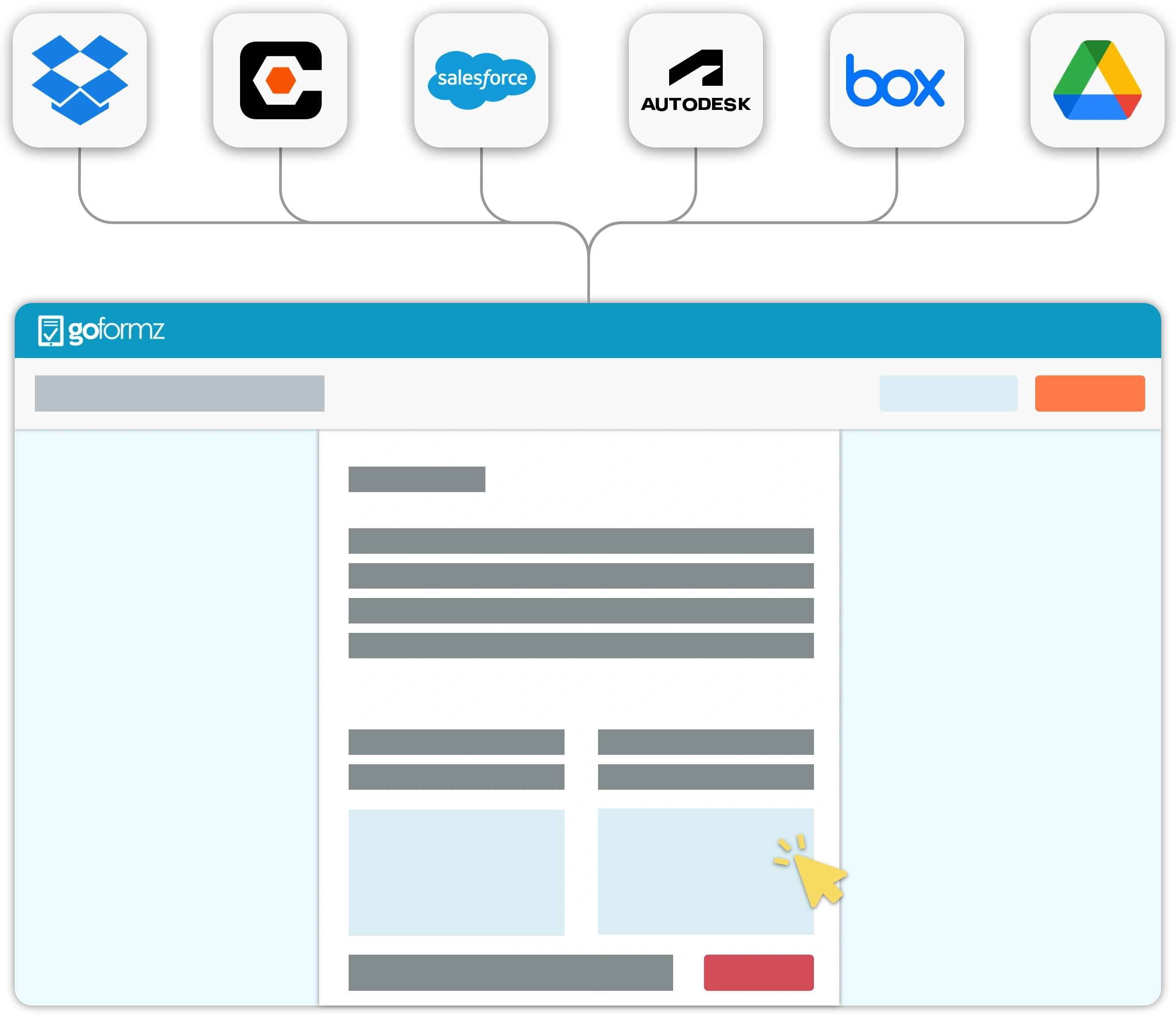 A screenshot of the GoFormz reporting interface next to a graphical depiction of an automated workflow.