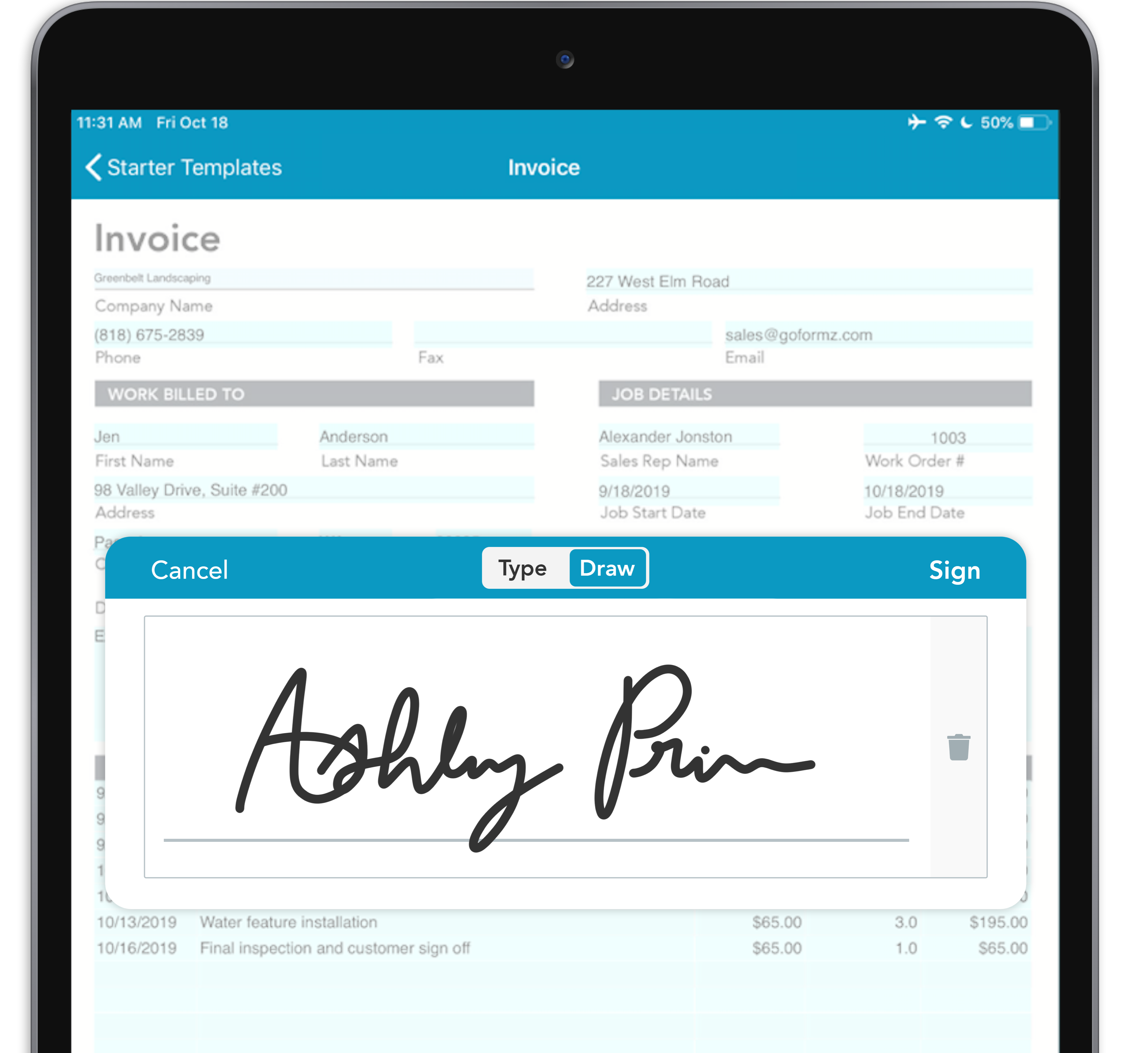 invoice signature image, a map field, and an electronic signature.