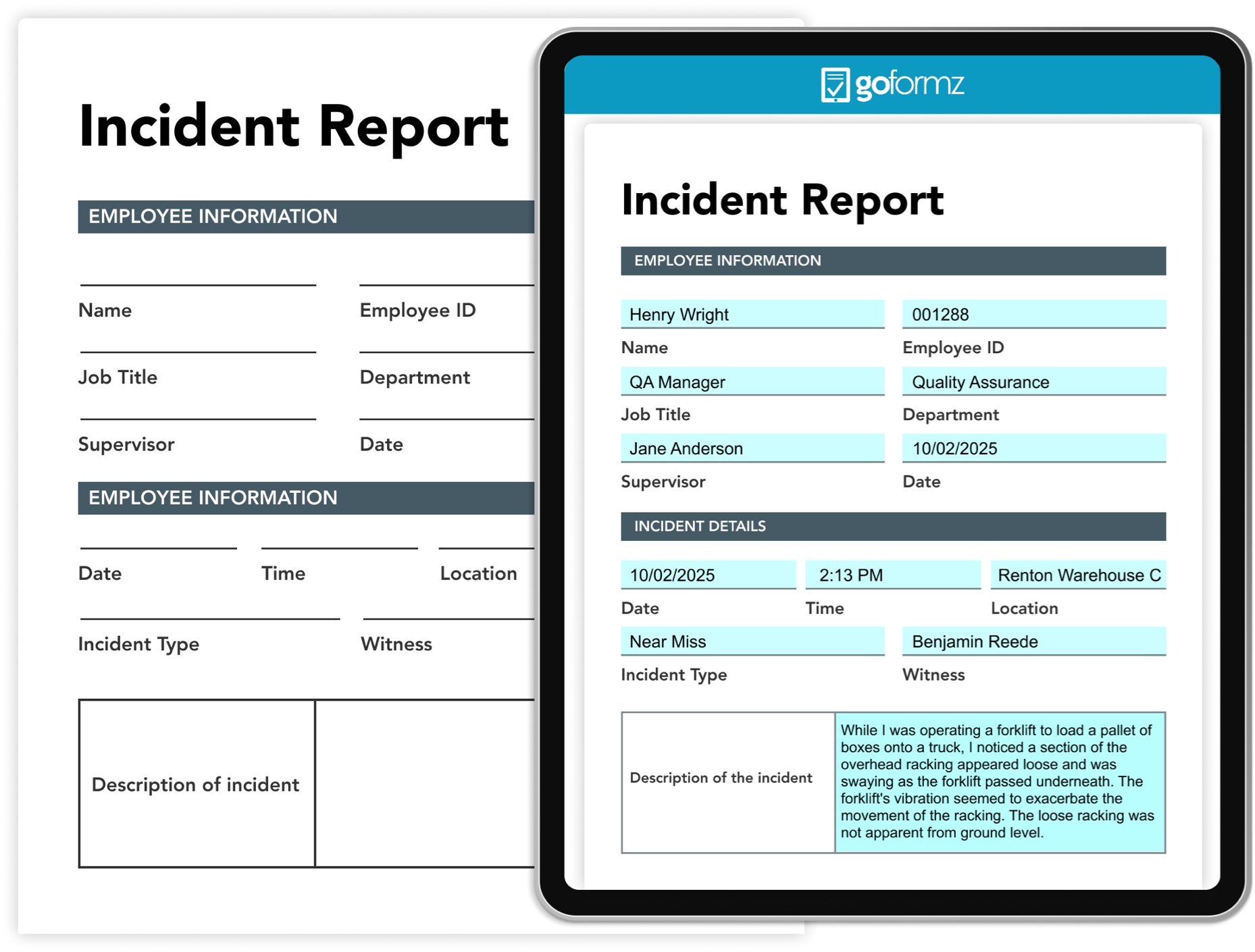 Alt text: Paper vs. digital incident report template showing automated data capture for workplace safety records.