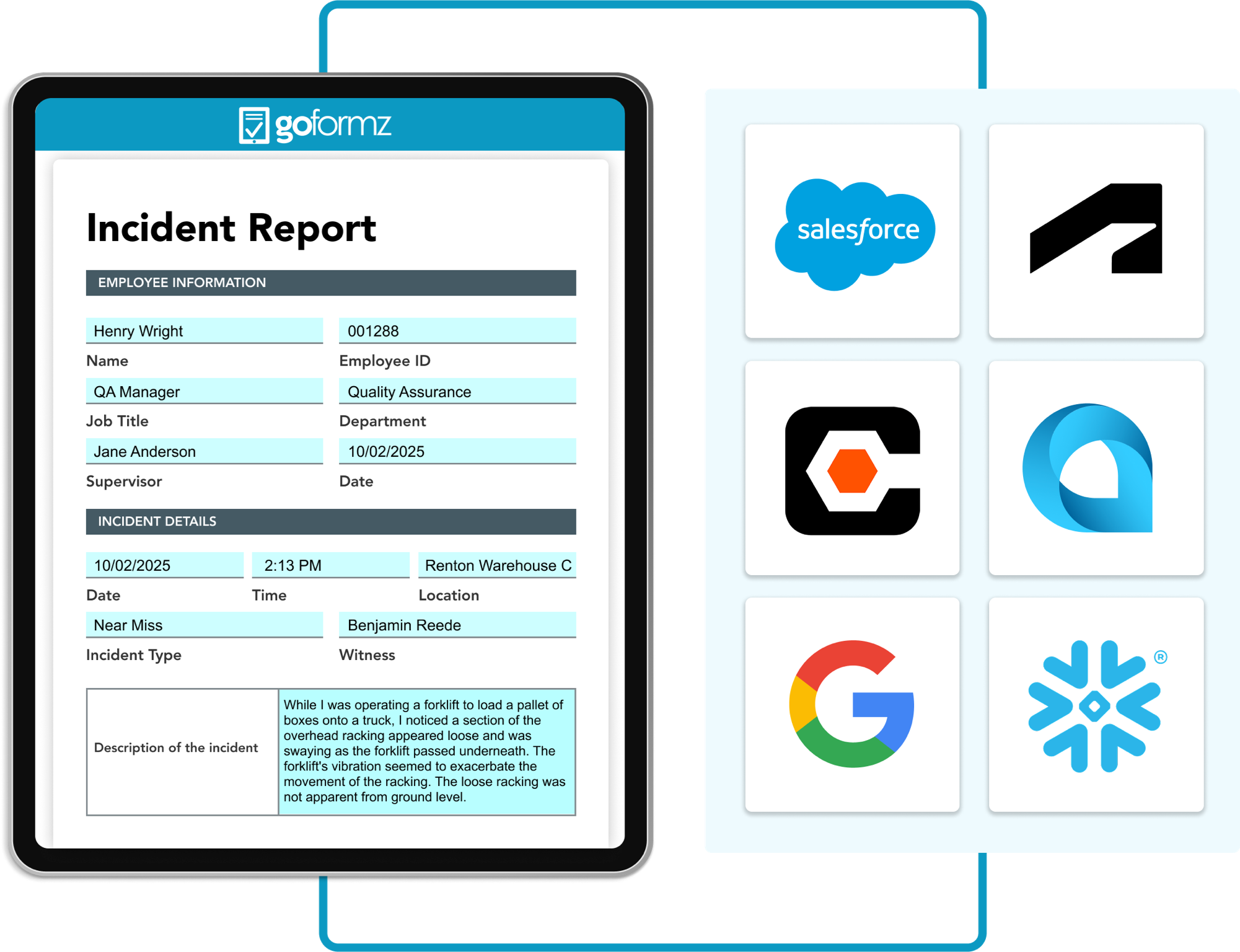 Mobile incident report form automates email, uploads, data rows, and document updates.