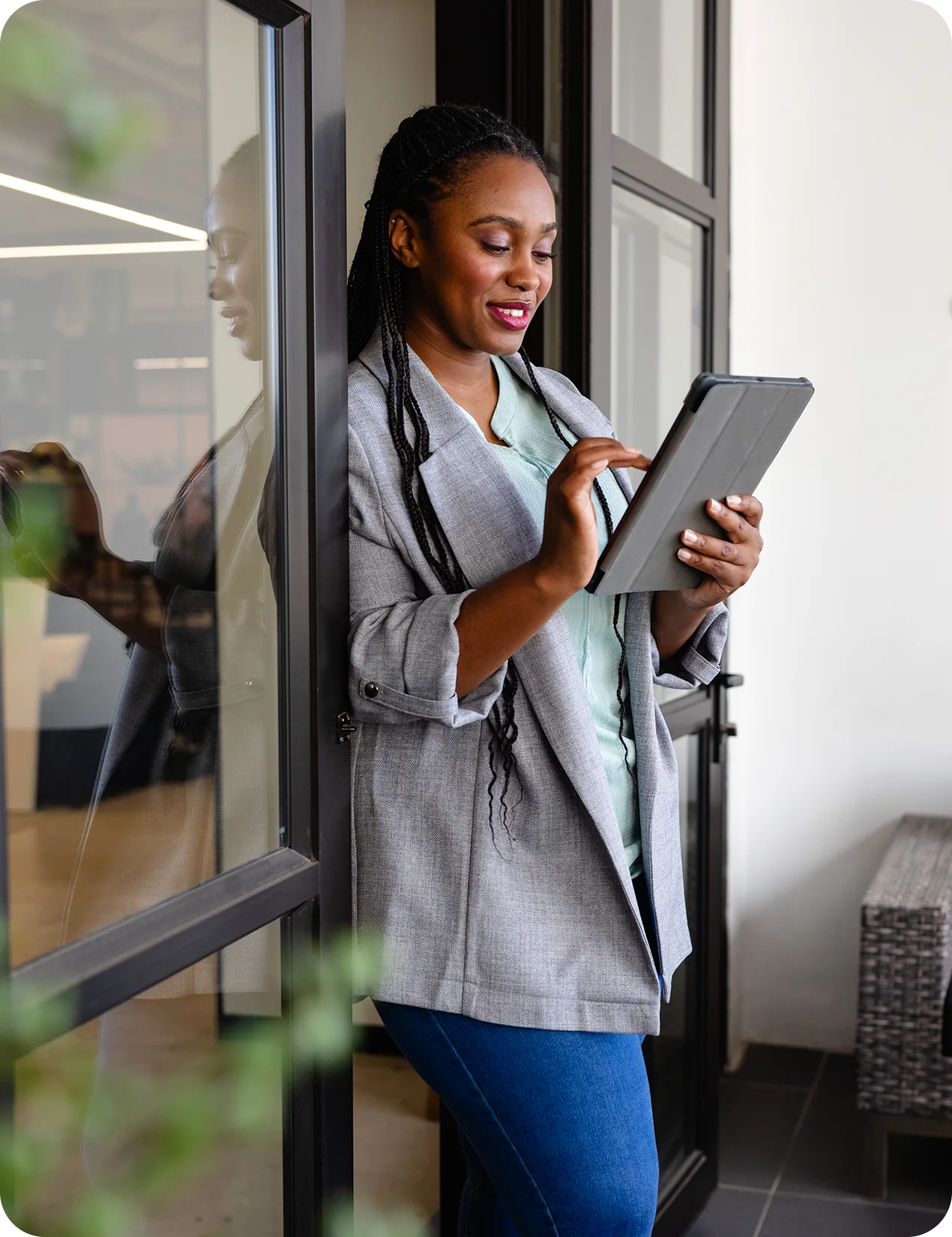 Woman reading a form on a phone