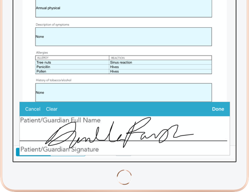 An electronic signature being applied to a digital form on a tablet.