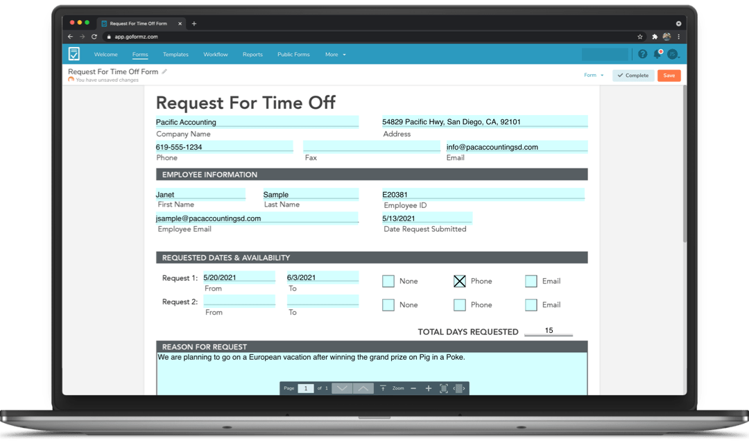 A digital request for time off form being filled out on a laptop